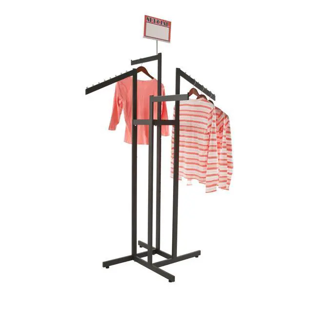 Alt view image 2 of 6 - 4-Way Clothing Rack, Heavy Duty Adjustable Garment Display with 2 Straight and 2 Slanted Arms, Square Tubing, Black