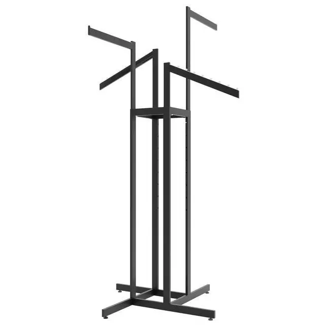 Alt view image 3 of 6 - 4-Way Clothing Rack, Heavy Duty Adjustable Garment Display with 2 Straight and 2 Slanted Arms, Square Tubing, Black