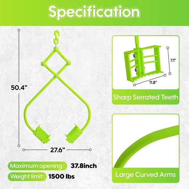 Alt view image 5 of 6 - 36in Rock Tongs Heavy Duty Steel Lifting Tool 2 Serrated Claw Rock Grabbing Tongs, 1500lb Capacity Log Tongs for Tractor/Truck/Skidder - 36" Max Grip, Industrial Construction & Landscaping Tool
