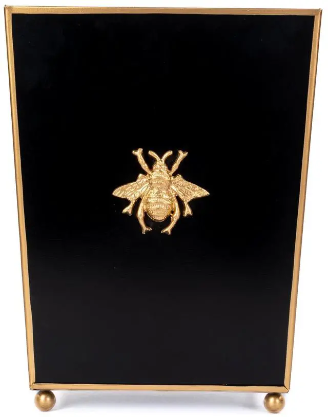 Main image of Regency Line, Square Wastebasket & Garbage Bin, Gold Trim & Finish, Round Gold Feet, Hand-Painted, Metal, Trash Bin for Bedroom, Office, Bathroom, 9" x 9 x 12 (Black, Gold Bee)