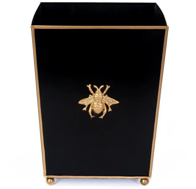 Alt view image 2 of 6 - Regency Line, Square Wastebasket & Garbage Bin, Gold Trim & Finish, Round Gold Feet, Hand-Painted, Metal, Trash Bin for Bedroom, Office, Bathroom, 9" x 9 x 12 (Black, Gold Bee)