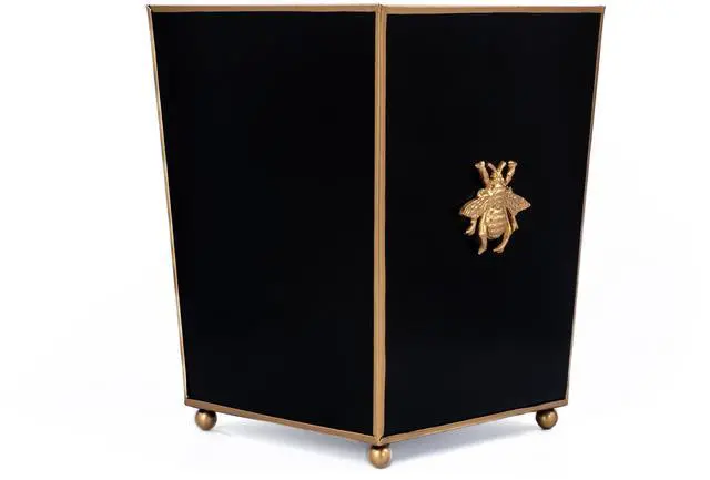 Alt view image 3 of 6 - Regency Line, Square Wastebasket & Garbage Bin, Gold Trim & Finish, Round Gold Feet, Hand-Painted, Metal, Trash Bin for Bedroom, Office, Bathroom, 9" x 9 x 12 (Black, Gold Bee)