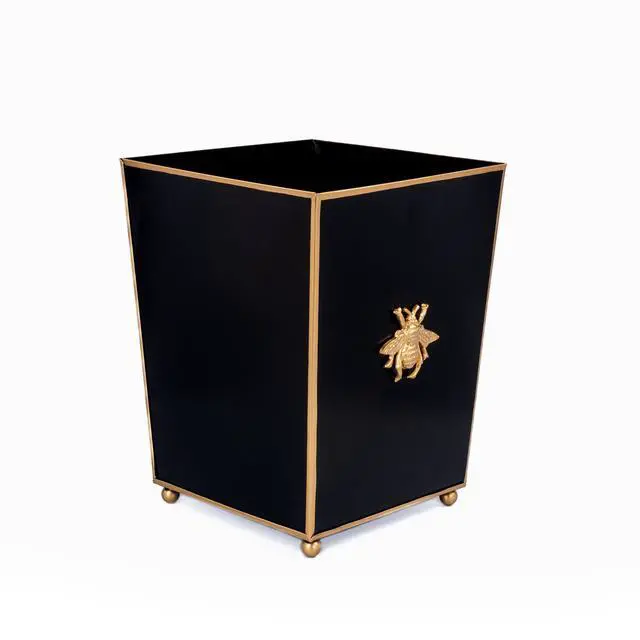 Alt view image 4 of 6 - Regency Line, Square Wastebasket & Garbage Bin, Gold Trim & Finish, Round Gold Feet, Hand-Painted, Metal, Trash Bin for Bedroom, Office, Bathroom, 9" x 9 x 12 (Black, Gold Bee)