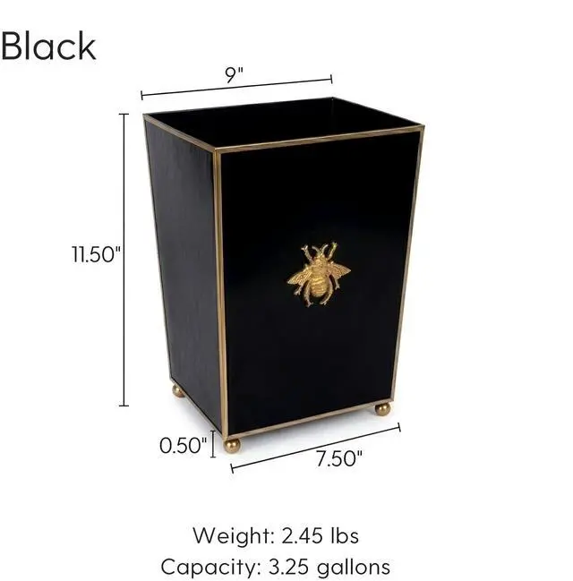 Alt view image 5 of 6 - Regency Line, Square Wastebasket & Garbage Bin, Gold Trim & Finish, Round Gold Feet, Hand-Painted, Metal, Trash Bin for Bedroom, Office, Bathroom, 9" x 9 x 12 (Black, Gold Bee)
