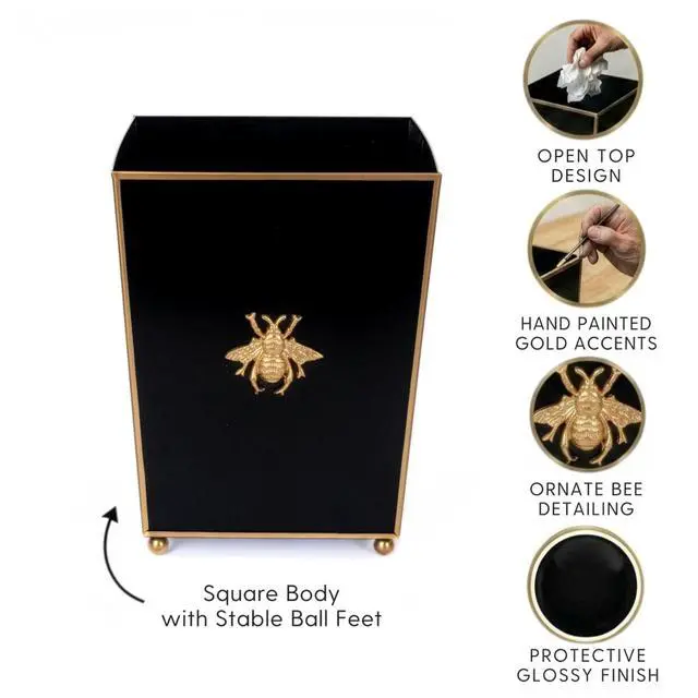 Alt view image 6 of 6 - Regency Line, Square Wastebasket & Garbage Bin, Gold Trim & Finish, Round Gold Feet, Hand-Painted, Metal, Trash Bin for Bedroom, Office, Bathroom, 9" x 9 x 12 (Black, Gold Bee)