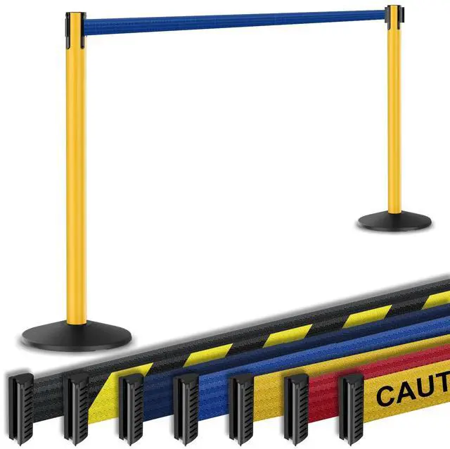 Main image of Prime 10' Long Outdoor Weather Resistant Retractable Belt Stanchion 2 Pk, 40 Tall No-Tools Assembly Crowd Control Barriers (Yellow Alumnium Post w/Blue Belt)