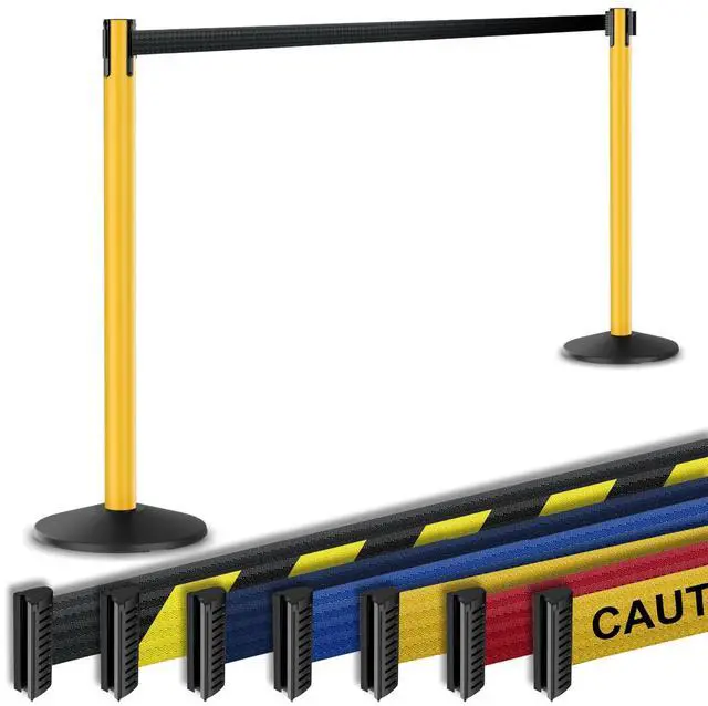 Main image of Prime 10' Long Outdoor Weather Resistant Retractable Belt Stanchion 2 Pk, 40 Tall No-Tools Assembly Crowd Control Barriers (Yellow Aluminum Post w/Black Belt)