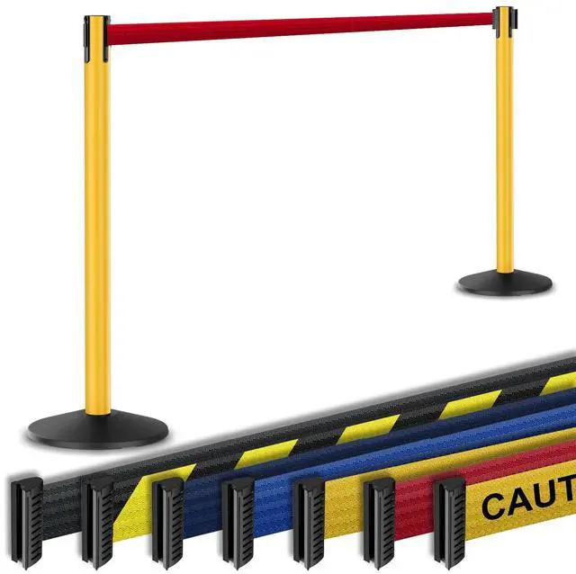 Main image of Prime 10' Long Outdoor Weather Resistant Retractable Belt Stanchion 2 Pk, 40 Tall No-Tools Assembly Crowd Control Barriers (Yellow Alumnium Post w/Red Belt)