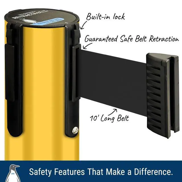 Alt view image 3 of 6 - Prime 10' Long Outdoor Weather Resistant Retractable Belt Stanchion 2 Pk, 40 Tall No-Tools Assembly Crowd Control Barriers (Yellow Alumnium Post w/Red Belt)