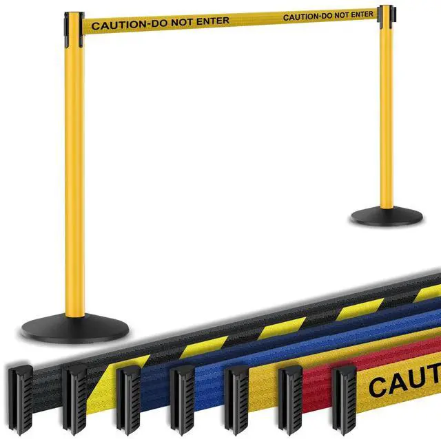 Main image of Prime 10' Long Outdoor Weather Resistant Retractable Belt Stanchion 2 Pk, 40 Tall Steel No-Tools Assembly Crowd Control Barriers, (Yellow Aluminum Post w/Caution-Do Not Enter Belt)