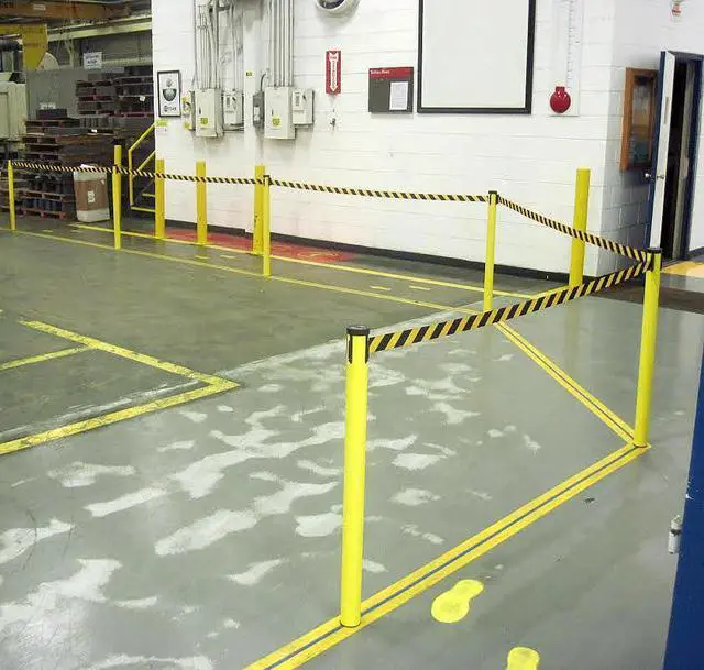 Alt view image 2 of 6 - Prime 10' Long Outdoor Weather Resistant Retractable Belt Stanchion 2 Pk, 40 Tall Steel No-Tools Assembly Crowd Control Barriers, (Yellow Aluminum Post w/Caution-Do Not Enter Belt)