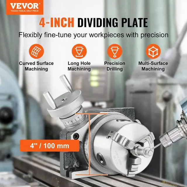 Alt view image 2 of 6 - Rotary Table for Milling Machines, 4''/ 100 mm, Horizontal Vertical Model Precision Milling Rotary Table, with 3.1''/80 mm 3-Jaw Chuck M10 T-Bolts Nuts, for Milling Engineering Indexing Tools