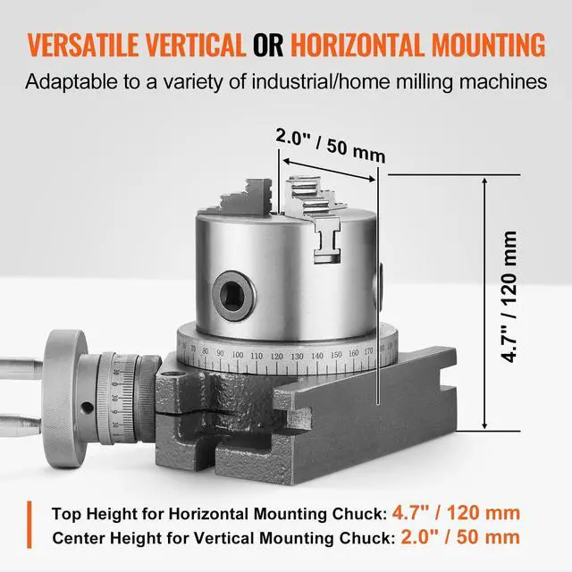 Alt view image 5 of 6 - Rotary Table for Milling Machines, 4''/ 100 mm, Horizontal Vertical Model Precision Milling Rotary Table, with 3.1''/80 mm 3-Jaw Chuck M10 T-Bolts Nuts, for Milling Engineering Indexing Tools