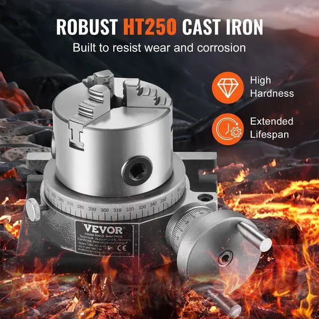 Alt view image 6 of 6 - Rotary Table for Milling Machines, 4''/ 100 mm, Horizontal Vertical Model Precision Milling Rotary Table, with 3.1''/80 mm 3-Jaw Chuck M10 T-Bolts Nuts, for Milling Engineering Indexing Tools