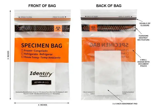 Alt view image 2 of 5 - Biohazard Specimen Lab Bags | 2000 Pack | 6x9 Inch 3-Wall Laboratory Double Zip Seal with Absorbent Pad and Document Pouch | TearZone Destroy BIO Feature