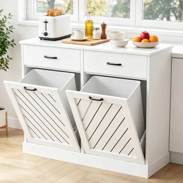Main image of 2x13 Gallons Double Tilt Out Trash Can Cabinet, White Hidden Kitchen Trash Cabinet with Storage Drawers, Pet Proof Hidden Garbage Can for Kitchen, Laundry Room, Bathroom Wood