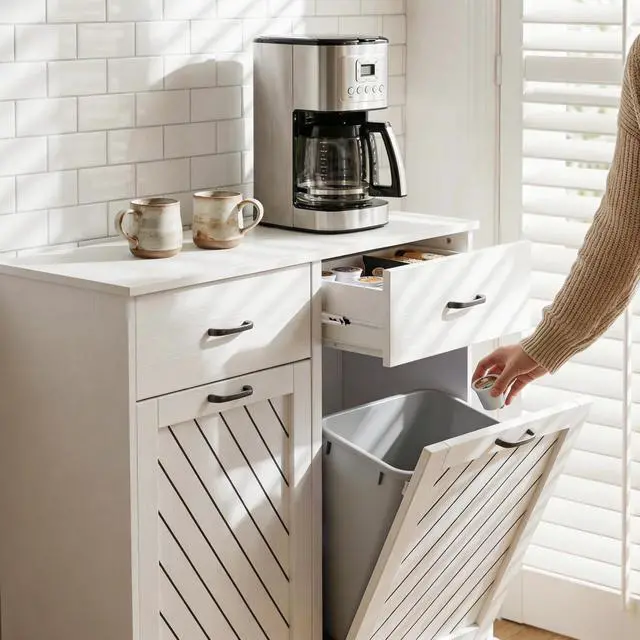 Alt view image 2 of 6 - 2x13 Gallons Double Tilt Out Trash Can Cabinet, White Hidden Kitchen Trash Cabinet with Storage Drawers, Pet Proof Hidden Garbage Can for Kitchen, Laundry Room, Bathroom Wood