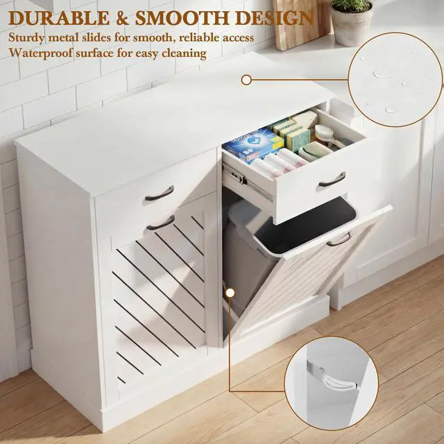 Alt view image 3 of 6 - 2x13 Gallons Double Tilt Out Trash Can Cabinet, White Hidden Kitchen Trash Cabinet with Storage Drawers, Pet Proof Hidden Garbage Can for Kitchen, Laundry Room, Bathroom Wood