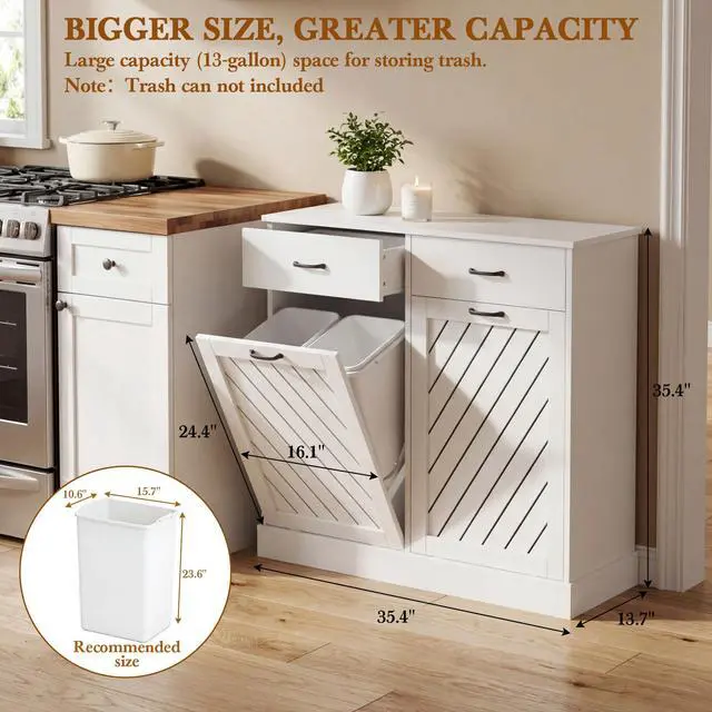 Alt view image 6 of 6 - 2x13 Gallons Double Tilt Out Trash Can Cabinet, White Hidden Kitchen Trash Cabinet with Storage Drawers, Pet Proof Hidden Garbage Can for Kitchen, Laundry Room, Bathroom Wood