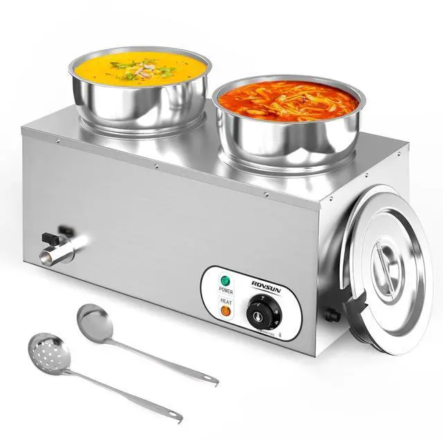 Main image of Electric Soup Warmer, 15QT Commercial Food Warmer Steam Table, Countertop Bain Marie with Dual 7.4QT Pots, 86~185°F Adjustable Temperature, Lid and Tap for Buffet Restaurant 1200W