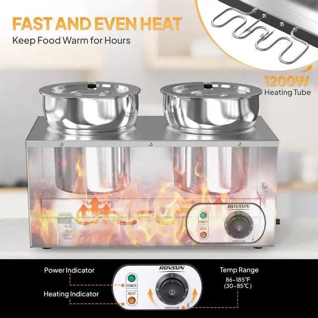 Alt view image 2 of 6 - Electric Soup Warmer, 15QT Commercial Food Warmer Steam Table, Countertop Bain Marie with Dual 7.4QT Pots, 86~185°F Adjustable Temperature, Lid and Tap for Buffet Restaurant 1200W