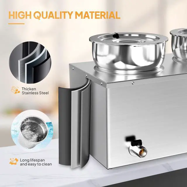 Alt view image 3 of 6 - Electric Soup Warmer, 15QT Commercial Food Warmer Steam Table, Countertop Bain Marie with Dual 7.4QT Pots, 86~185°F Adjustable Temperature, Lid and Tap for Buffet Restaurant 1200W