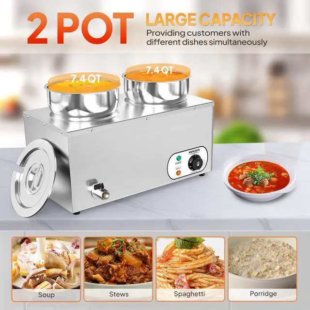 Alt view image 5 of 6 - Electric Soup Warmer, 15QT Commercial Food Warmer Steam Table, Countertop Bain Marie with Dual 7.4QT Pots, 86~185°F Adjustable Temperature, Lid and Tap for Buffet Restaurant 1200W