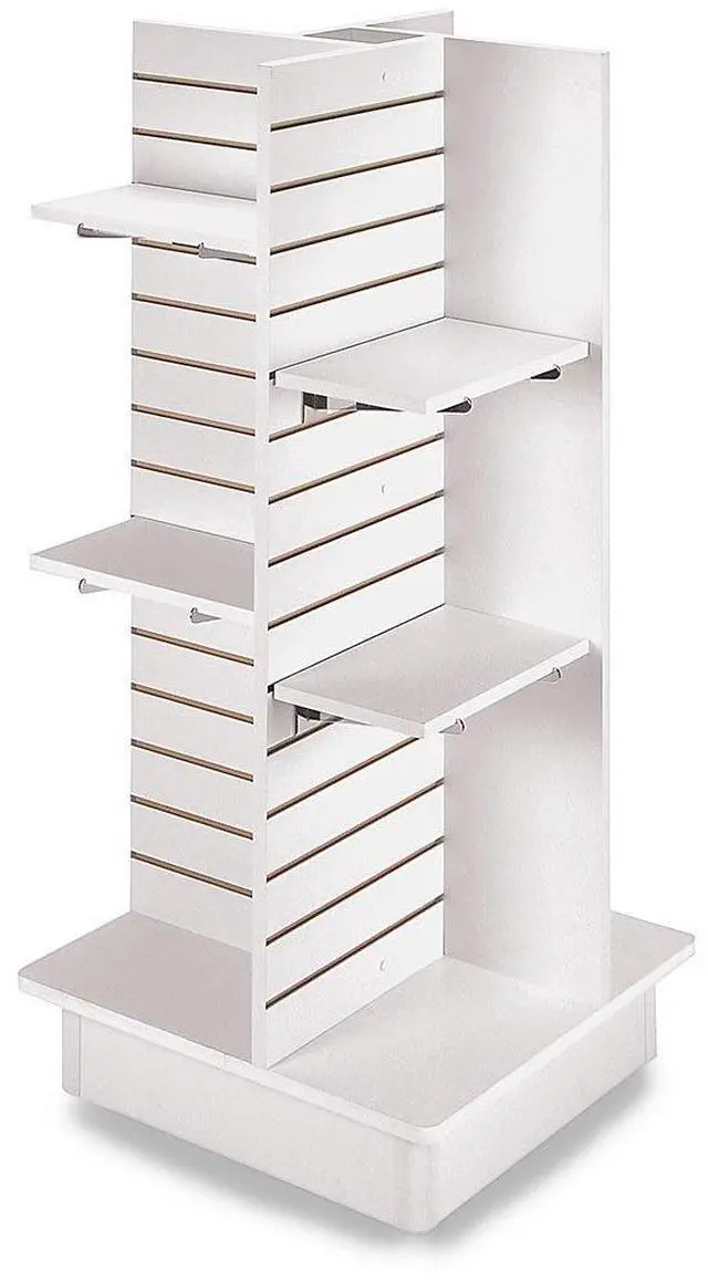 Main image of Durable White Slatwall Tower for Retail: Premium Slatwall Display Panels | Versatile Slatwall Gondola Solution 4-Panel White Slatwall Tower with Casters and Shelves (23"L x 23"W x 54"H)