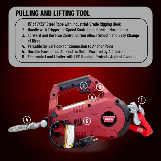 Alt view image 3 of 6 - 885001 PullzAll Corded 120V AC Portable Electric Winch with Steel Cable and Swiveling Anchor Hook for Hoisting an Engine Block: 1,000 lb (1/2 Ton) Pulling Capacity, Variable Speed Control