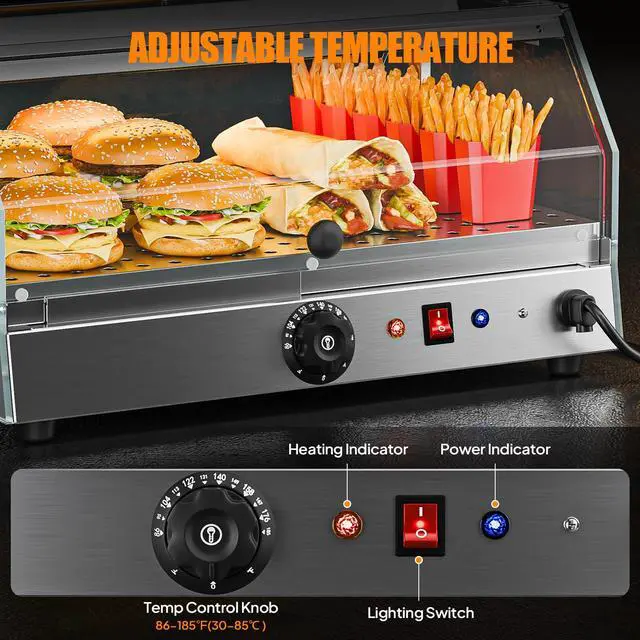 Alt view image 6 of 6 - Food Warmer Pizza Warmer Countertop, Food Warmer Display Pretzel Warmer with LED Lighting Front and Rear Doors, Electric Catering Hot Box Acrylic for Buffet Restaurant Cafe