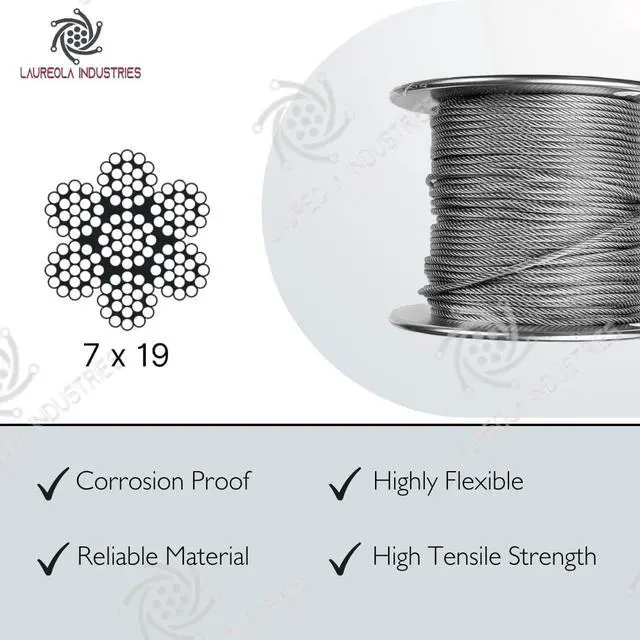 Alt view image 3 of 5 - Laureola 3/32" Stainless Steel Aircraft Wire Rope 304 Grade 7x19 - Versatile Uses in Construction, DIY, Outdoors, Marine Rigging, Agriculture, and Industrial Applications - 1000ft