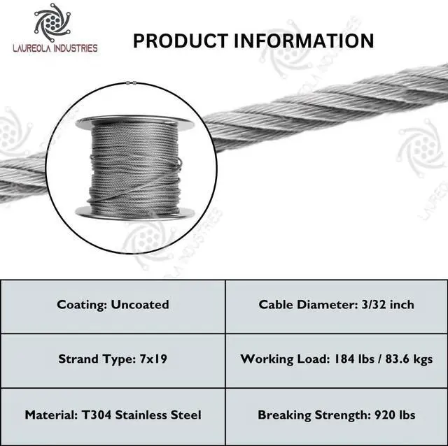 Alt view image 4 of 5 - Laureola 3/32" Stainless Steel Aircraft Wire Rope 304 Grade 7x19 - Versatile Uses in Construction, DIY, Outdoors, Marine Rigging, Agriculture, and Industrial Applications - 1000ft