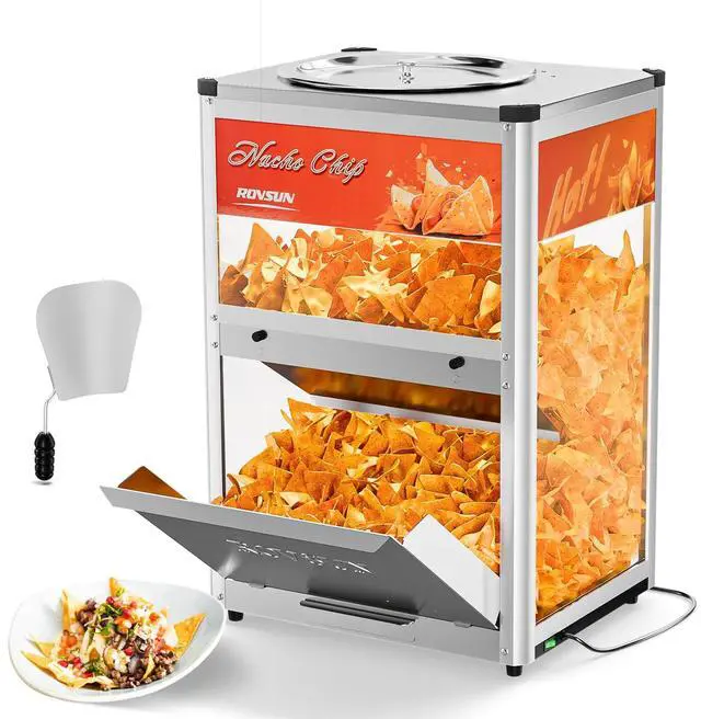Main image of Nacho Chip Warmer, Nacho Machine Countertop Food Warmer Display Case with Warming Light, Glass Door, Scoop & Removable Deflection for Nacho Chips Stainless Steel