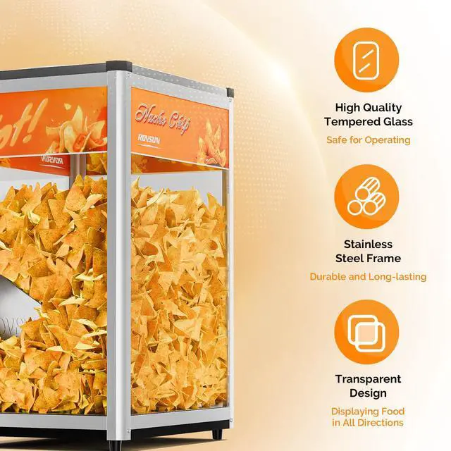 Alt view image 4 of 6 - Nacho Chip Warmer, Nacho Machine Countertop Food Warmer Display Case with Warming Light, Glass Door, Scoop & Removable Deflection for Nacho Chips Stainless Steel