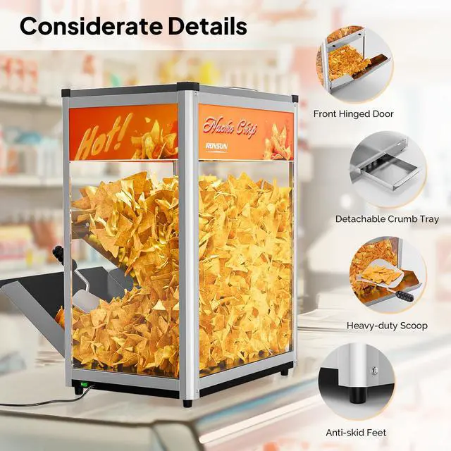 Alt view image 5 of 6 - Nacho Chip Warmer, Nacho Machine Countertop Food Warmer Display Case with Warming Light, Glass Door, Scoop & Removable Deflection for Nacho Chips Stainless Steel