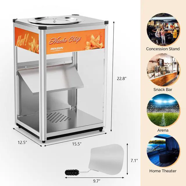 Alt view image 6 of 6 - Nacho Chip Warmer, Nacho Machine Countertop Food Warmer Display Case with Warming Light, Glass Door, Scoop & Removable Deflection for Nacho Chips Stainless Steel