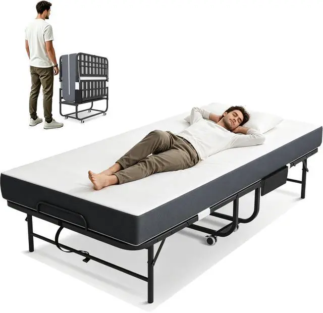 Main image of Folding Bed with Mattress, Rollaway Bed for Adults, Guest & Camping, Portable Metal Bed Frame on Wheels, Max Capacity 450LBS, Easy Assembly & Storage | Space-Saving Bed, Effortless Mobility | Guest &
