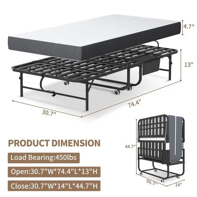 Alt view image 2 of 6 - Folding Bed with Mattress, Rollaway Bed for Adults, Guest & Camping, Portable Metal Bed Frame on Wheels, Max Capacity 450LBS, Easy Assembly & Storage | Space-Saving Bed, Effortless Mobility | Guest &