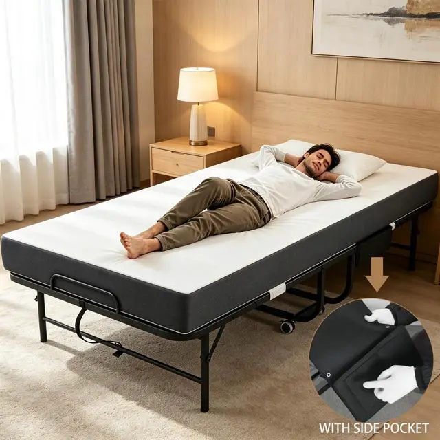 Alt view image 3 of 6 - Folding Bed with Mattress, Rollaway Bed for Adults, Guest & Camping, Portable Metal Bed Frame on Wheels, Max Capacity 450LBS, Easy Assembly & Storage | Space-Saving Bed, Effortless Mobility | Guest &