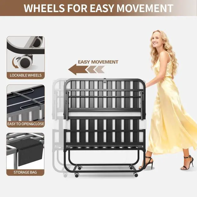 Alt view image 6 of 6 - Folding Bed with Mattress, Rollaway Bed for Adults, Guest & Camping, Portable Metal Bed Frame on Wheels, Max Capacity 450LBS, Easy Assembly & Storage | Space-Saving Bed, Effortless Mobility | Guest &