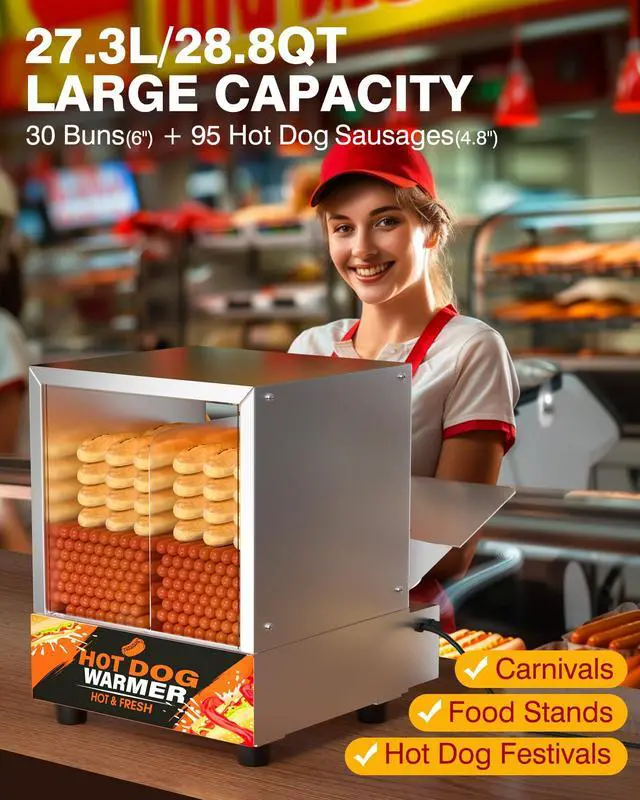 Alt view image 2 of 6 - Hot Dog Steamer Machine - 28.8QT Commercial Electric Hotdog Machine with Bun Warmer, Tempered Glass Stainless Steel Steaming Machine for 90-105 Sausages and 30-40 Buns