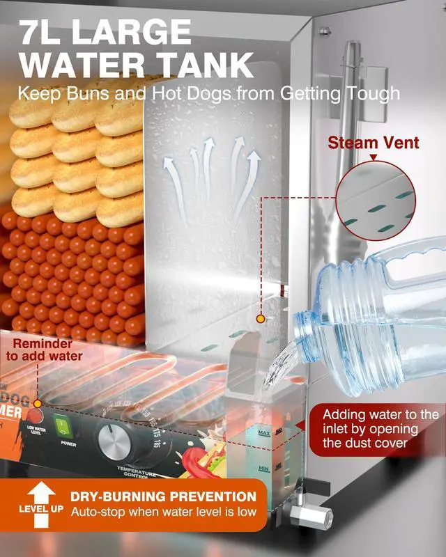Alt view image 3 of 6 - Hot Dog Steamer Machine - 28.8QT Commercial Electric Hotdog Machine with Bun Warmer, Tempered Glass Stainless Steel Steaming Machine for 90-105 Sausages and 30-40 Buns