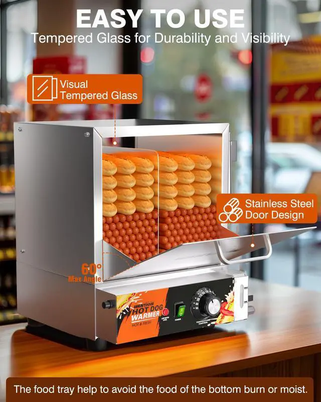 Alt view image 4 of 6 - Hot Dog Steamer Machine - 28.8QT Commercial Electric Hotdog Machine with Bun Warmer, Tempered Glass Stainless Steel Steaming Machine for 90-105 Sausages and 30-40 Buns
