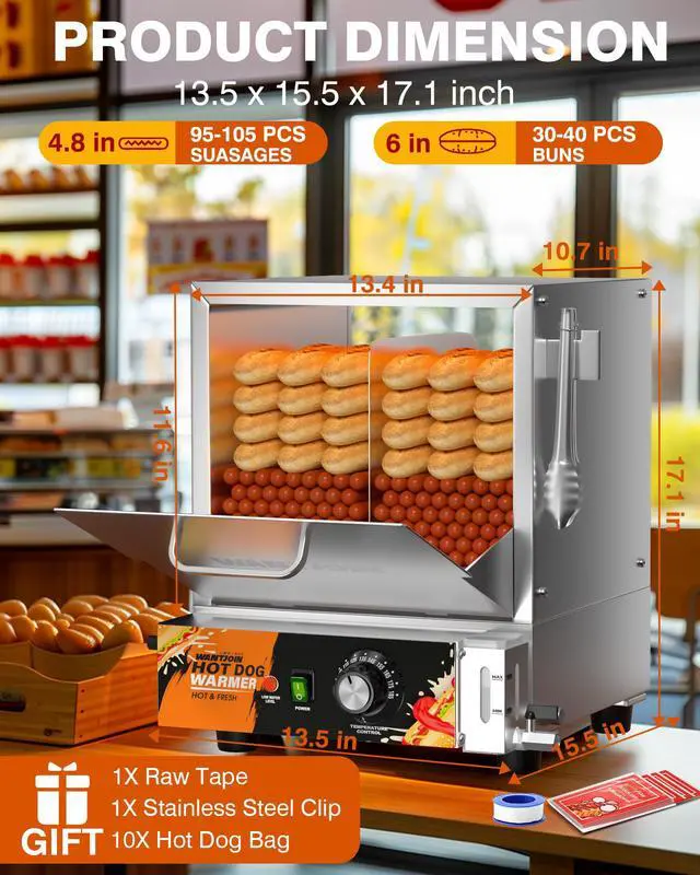 Alt view image 6 of 6 - Hot Dog Steamer Machine - 28.8QT Commercial Electric Hotdog Machine with Bun Warmer, Tempered Glass Stainless Steel Steaming Machine for 90-105 Sausages and 30-40 Buns