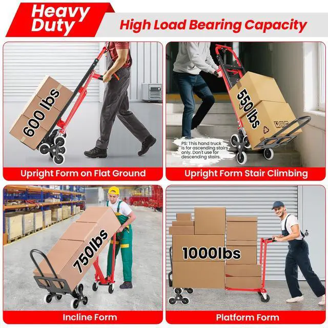 Alt view image 2 of 6 - 1000LBS Convertible Hand Truck, Heavy Duty Foldable Aluminum Stair Climbing Dolly with Solid Wheels for Moving/Office/Travel (Red)