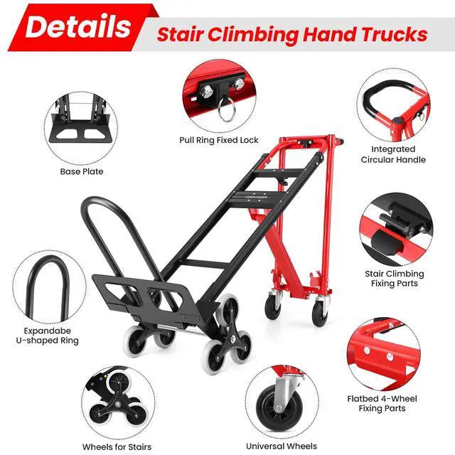 Alt view image 3 of 6 - 1000LBS Convertible Hand Truck, Heavy Duty Foldable Aluminum Stair Climbing Dolly with Solid Wheels for Moving/Office/Travel (Red)