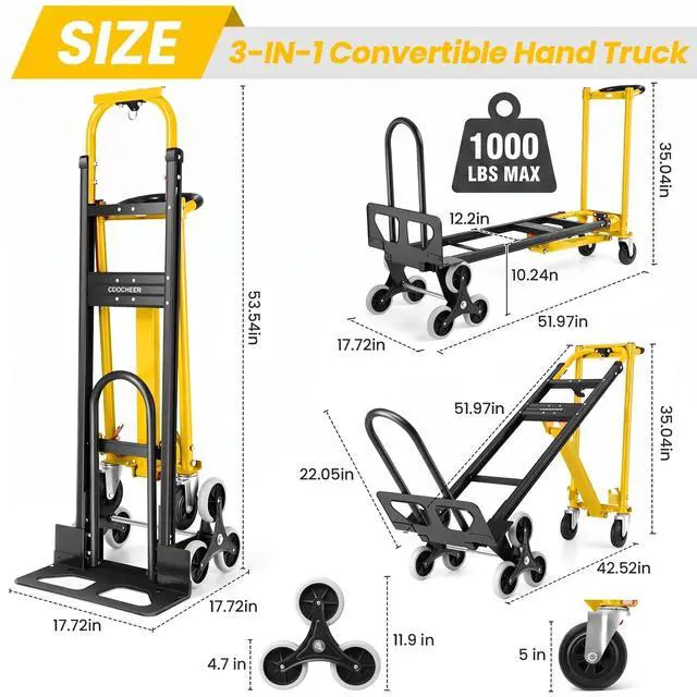 Alt view image 3 of 6 - 1000LBS Stair Climbing Hand Truck, 3-in-1 Folding Aluminum Dolly, Heavy Duty Convertible Cart for Warehouse, Home, Office & Transport Moving(Yellow)