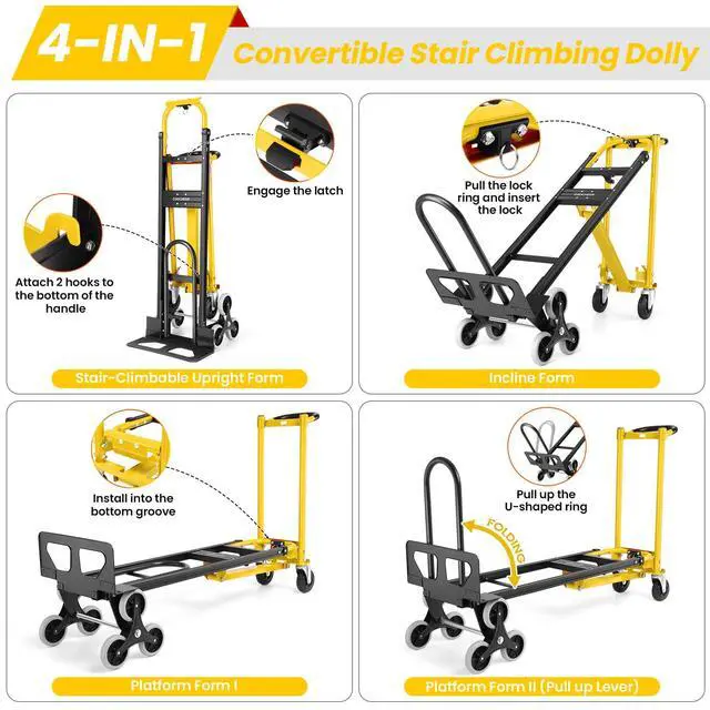 Alt view image 5 of 6 - 1000LBS Stair Climbing Hand Truck, 3-in-1 Folding Aluminum Dolly, Heavy Duty Convertible Cart for Warehouse, Home, Office & Transport Moving(Yellow)