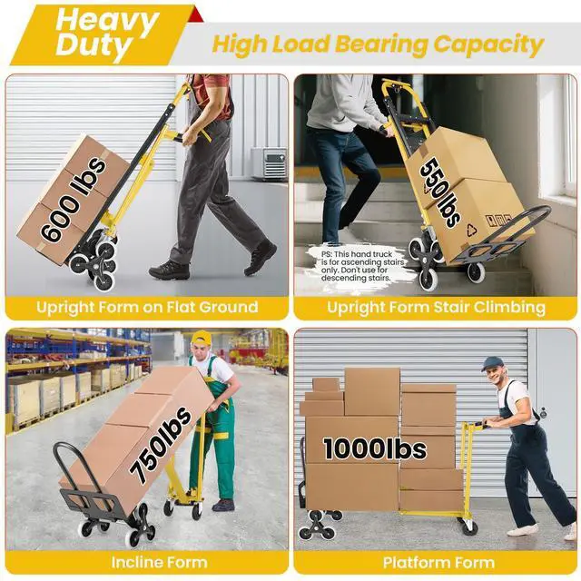 Alt view image 6 of 6 - 1000LBS Stair Climbing Hand Truck, 3-in-1 Folding Aluminum Dolly, Heavy Duty Convertible Cart for Warehouse, Home, Office & Transport Moving(Yellow)