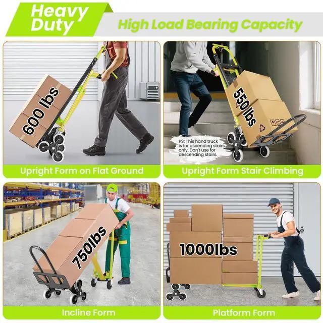 Alt view image 2 of 6 - Professional 1000LBS Stair Climbing Hand Truck, Heavy Duty 3-in-1 Aluminum Folding Dolly Cart with Solid Wheels for Office/Moving/Travel (Green)